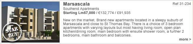 Marsascala Apartments,Starting Lm57,000 (£92,000GBP approx), New on the market. Brand new apartments located in a sleepy suburb of Marsascala and close to St Thomas Bay. There is a choice of 3 bedroom apartments with varying layouts but most having living room, open plan kitchen/dining room, main bedroom with ensuite shower room, a further 2 bedrooms, main bathroom and balconies. Ref 31-234 
